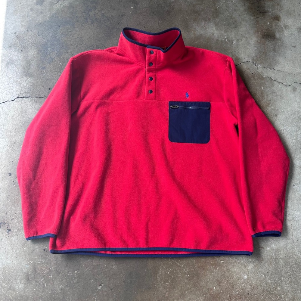 Polo Ralph Lauren Fleece Pullover Mens 2XB Red Excellent Snap Neck Pocket